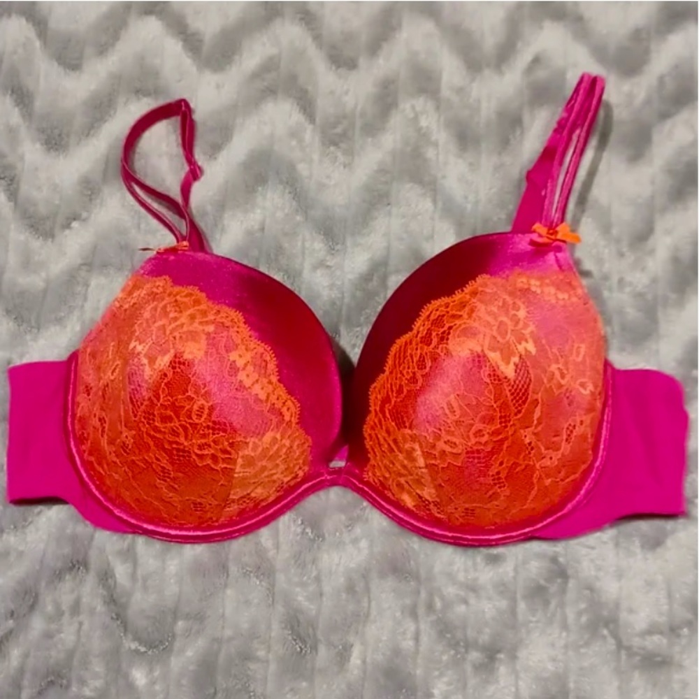 Cacique Womens Size 40DD Hot Pink Orange Lace Padded Bra With Underwire Plunge